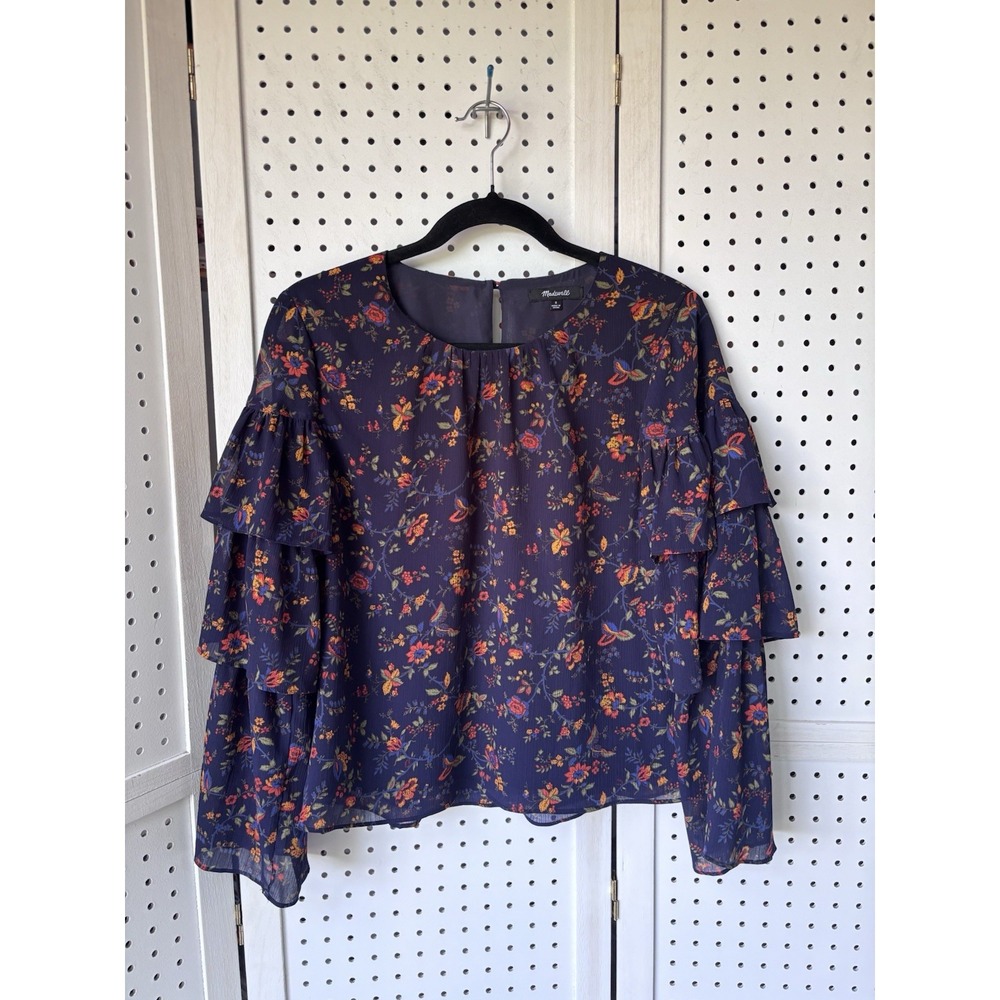 Madewell Women's S Tiered Ruffle Long SLV Floral Navy Blue Blouse Lined Shirt